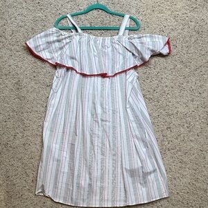 Terra & Sky Striped Off-Shoulder Dress - White with Red Accents